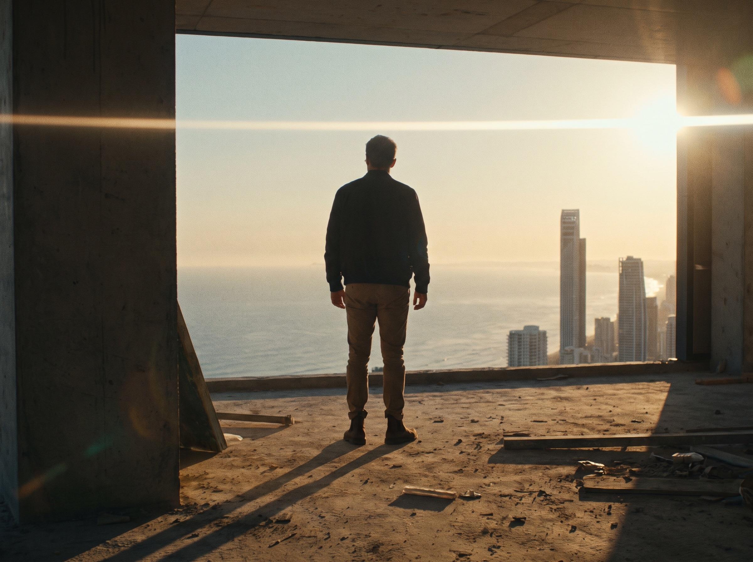 A developer on an unfinished high-rise floor at golden hour